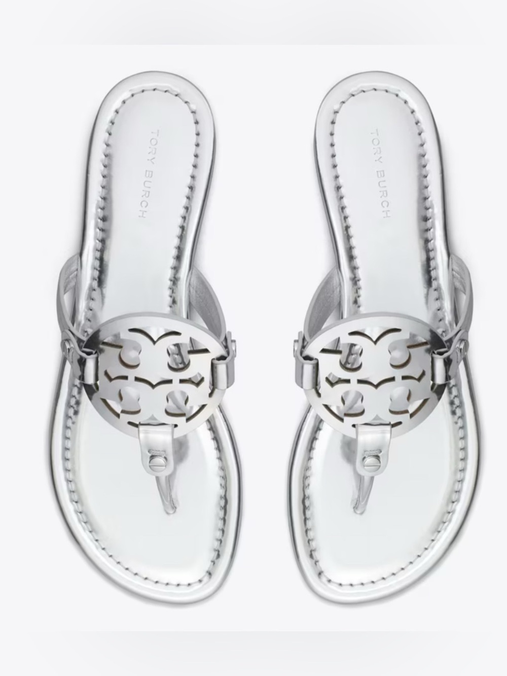 NWT $245 Tory Burch Women’s Silver Miller Logo Thong Sandals Size US 8